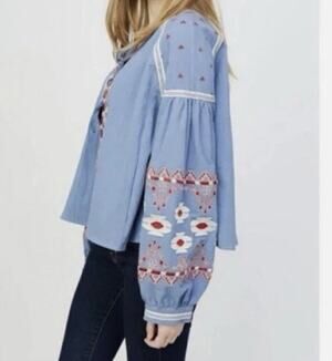 RD+koko Women's Blue Embroidered Tie-Front Balloon Sleeve Blouse Size M